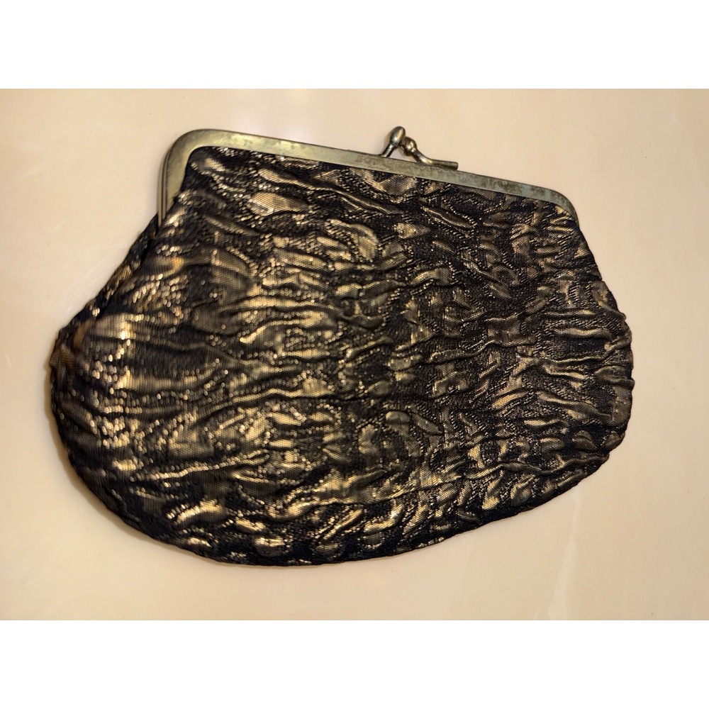 Vintage Coin Purse Kiss Lock Closure Black Metallic Cloth Evening wear Handbag